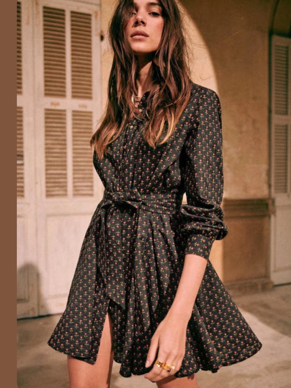 Sezane Black Mini Dress with Tiny Red Floral Print